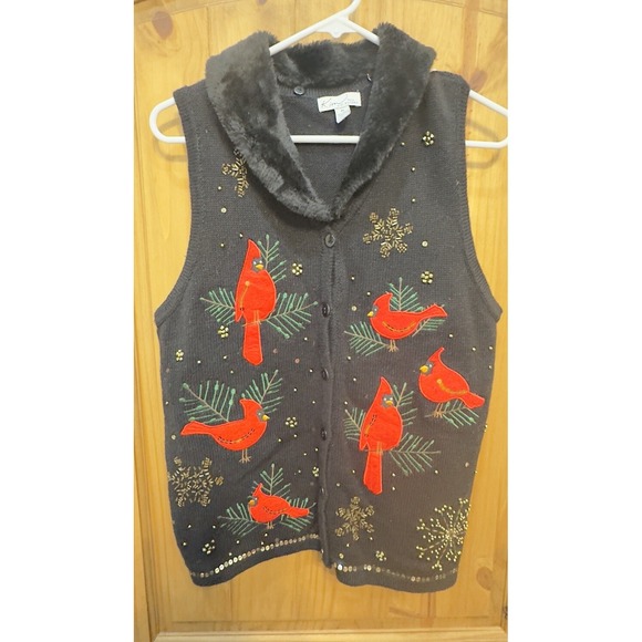 Kim Rogers Sweaters - Kim Rogers Christmas Sweater Vest PL Cardinals Faux Fur Collar Beaded Black